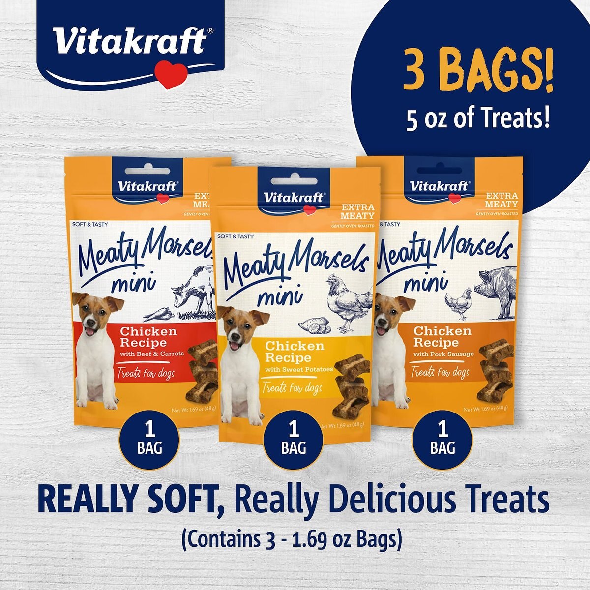 Vitakraft Meaty Morsels Mini Variety Pack Chicken Recipe Soft and Chewy Dog Treats， 1.69-oz bag， 3 count