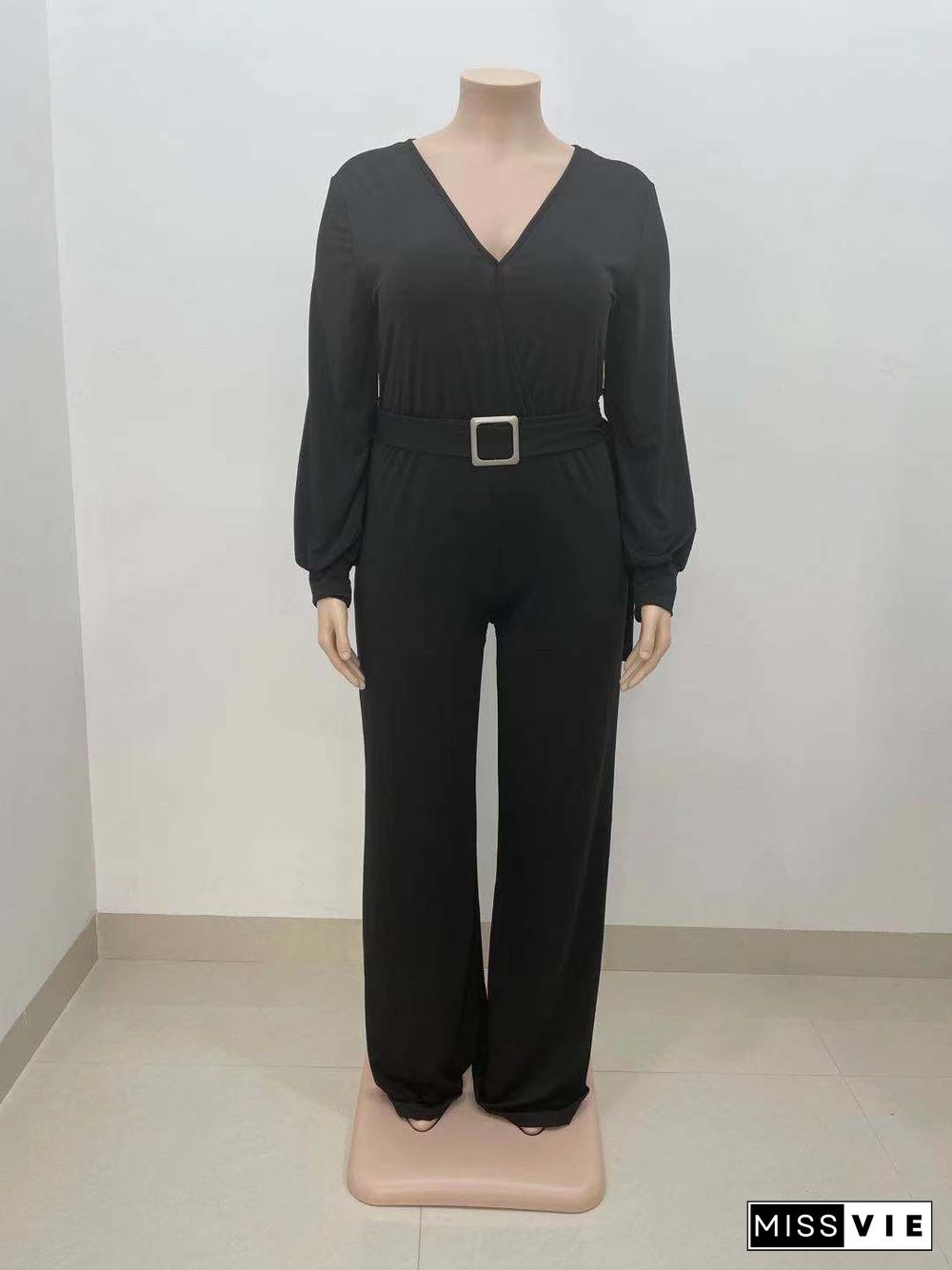 Long Sleeve V-neck Plus Size Wide Leg Jumpsuit