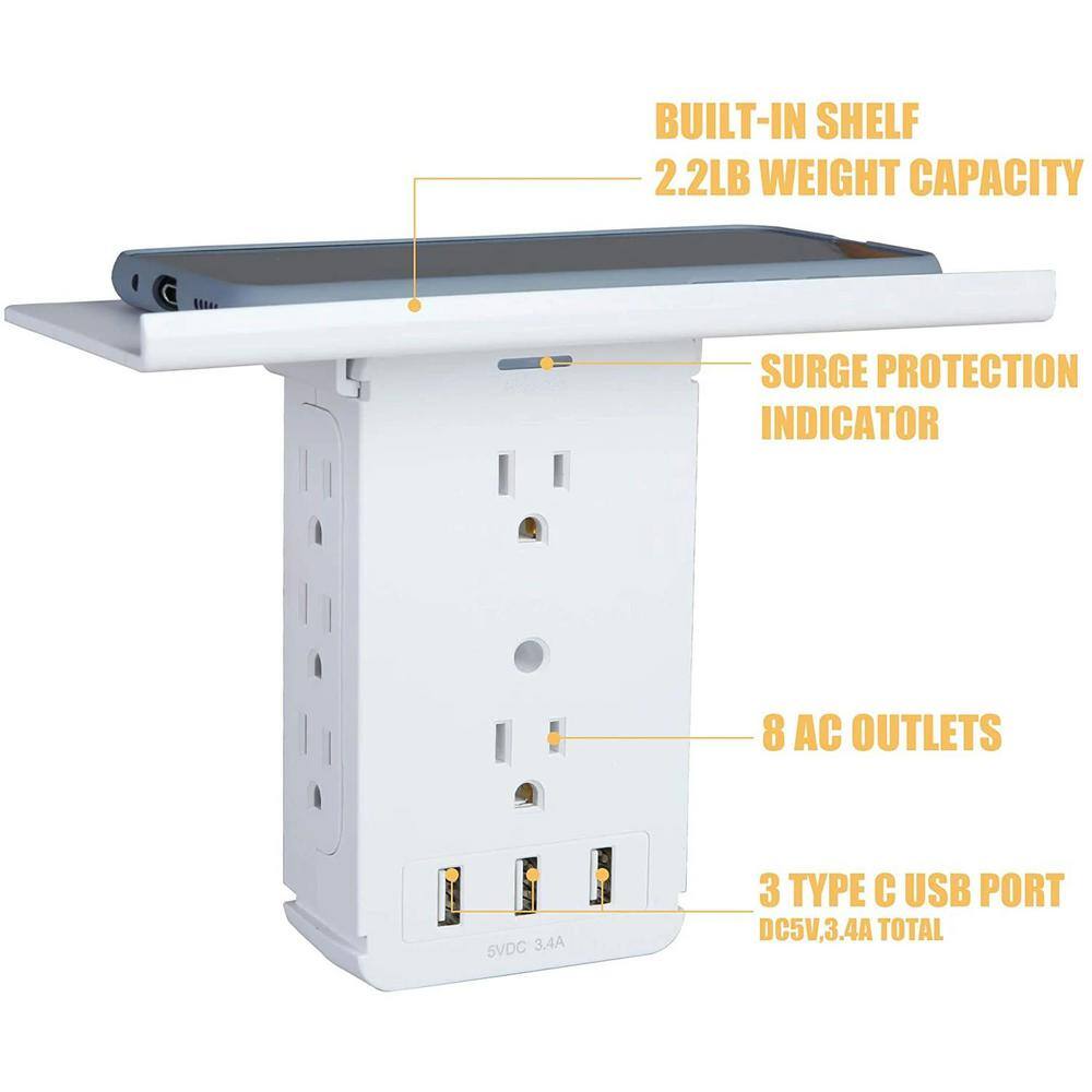 Tidoin 3.4 Amp Surge Protector Wall Plug with 3 USB Ports and 8 AC Outlets (2-Pack) BSS-YDW1-7780