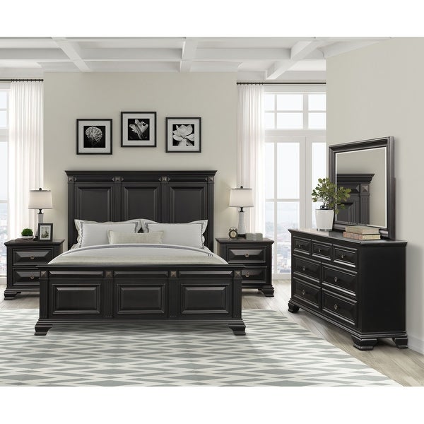 Roundhill Furniture Renova Vintage Black Wood Bedroom Set， Panel Bed， Dresser， Mirror， Two Nightstands - - 31525130