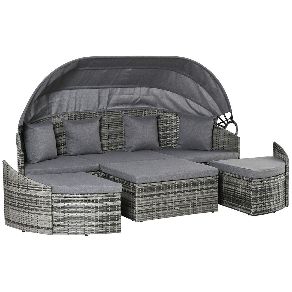 Outsunny 4 Pieces Patio PE Wicker Lounge Set， Outdoor Rattan Garden Conversation Furniture Set， Round Sofa Bed with Cannopy， Cushioned， and Pillows， Grey