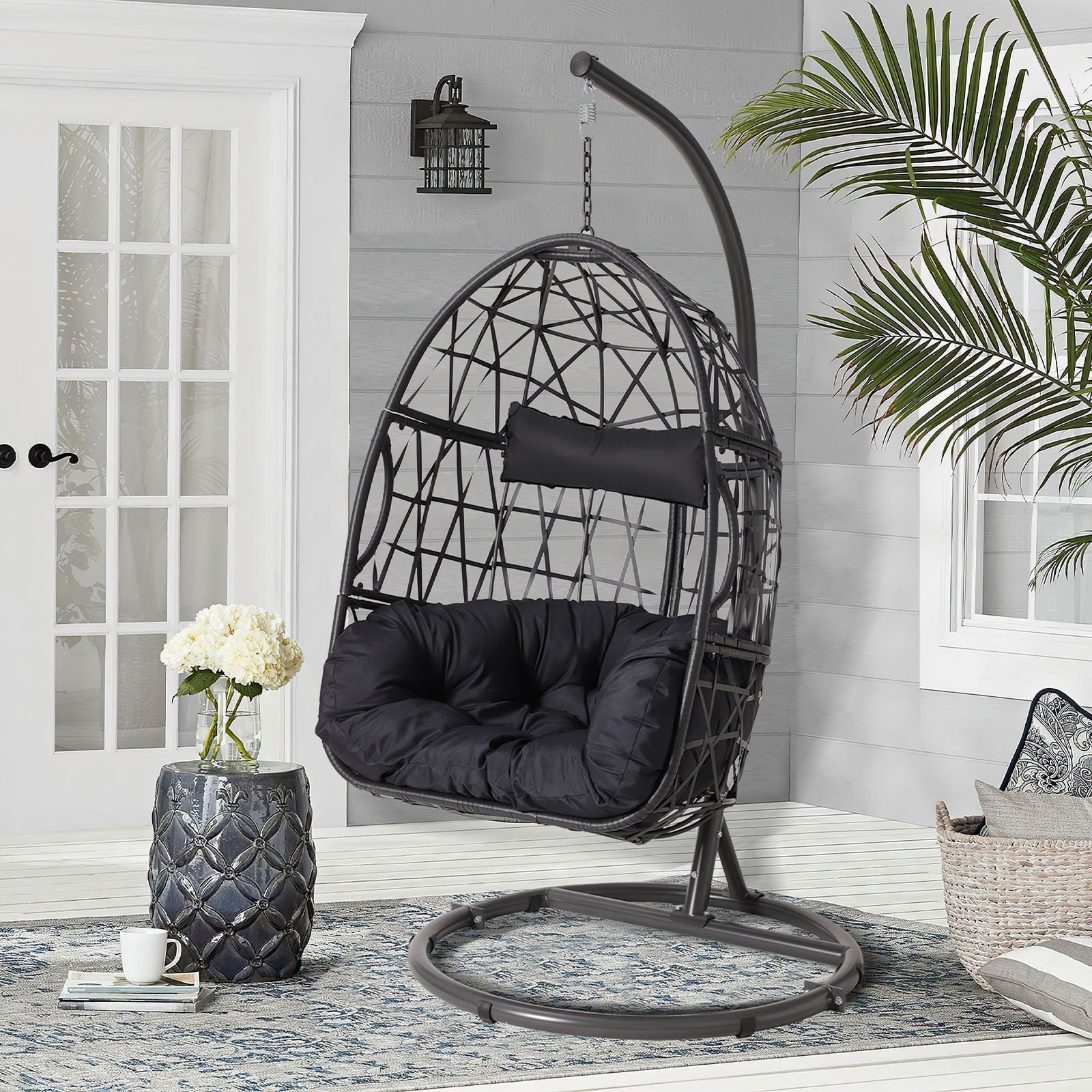 Haverchair Egg Chair with Stand Outdoor Patio Wicker Hanging Chair Swing Chair with Cushion