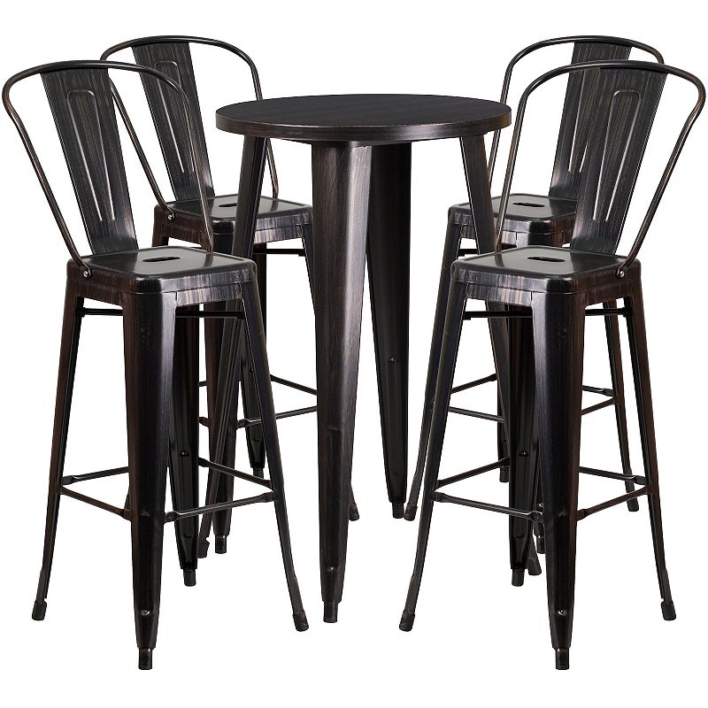 Merrick Lane Eleanore 5 Piece Outdoor Dining Set in Blue with 24 Round Table and 4 Slatted Back Bar Stools with Footrests