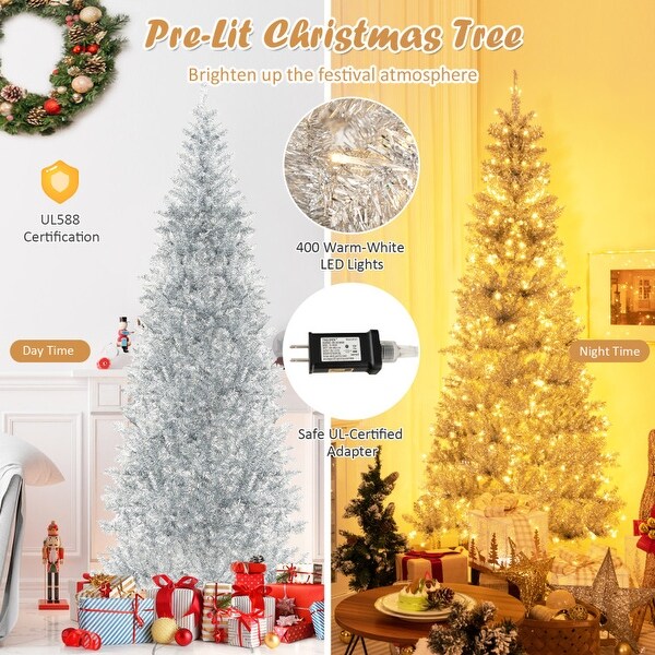 PreLit Artificial Silver Tinsel Xmas Tree with 790 Branch Tips and 300 LED Lights