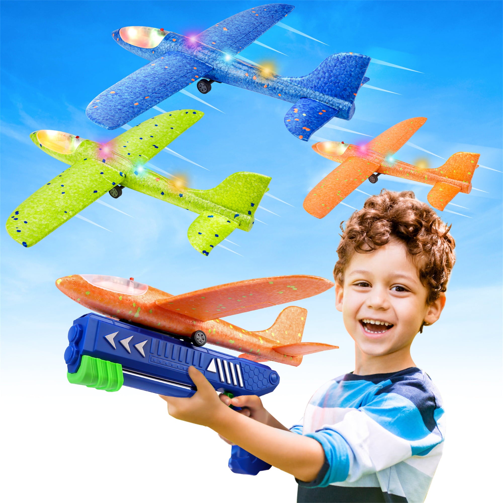 Growsly 3 Pack Airplane Launcher Toys， 12.6 Inch Foam Glider LED Airplane， 2 Flight Modes Catapult Airplane Boy Toys Kids Outdoor Flying Toys Gifts 4-12 Years Old Kids， Green， Orange， Blue