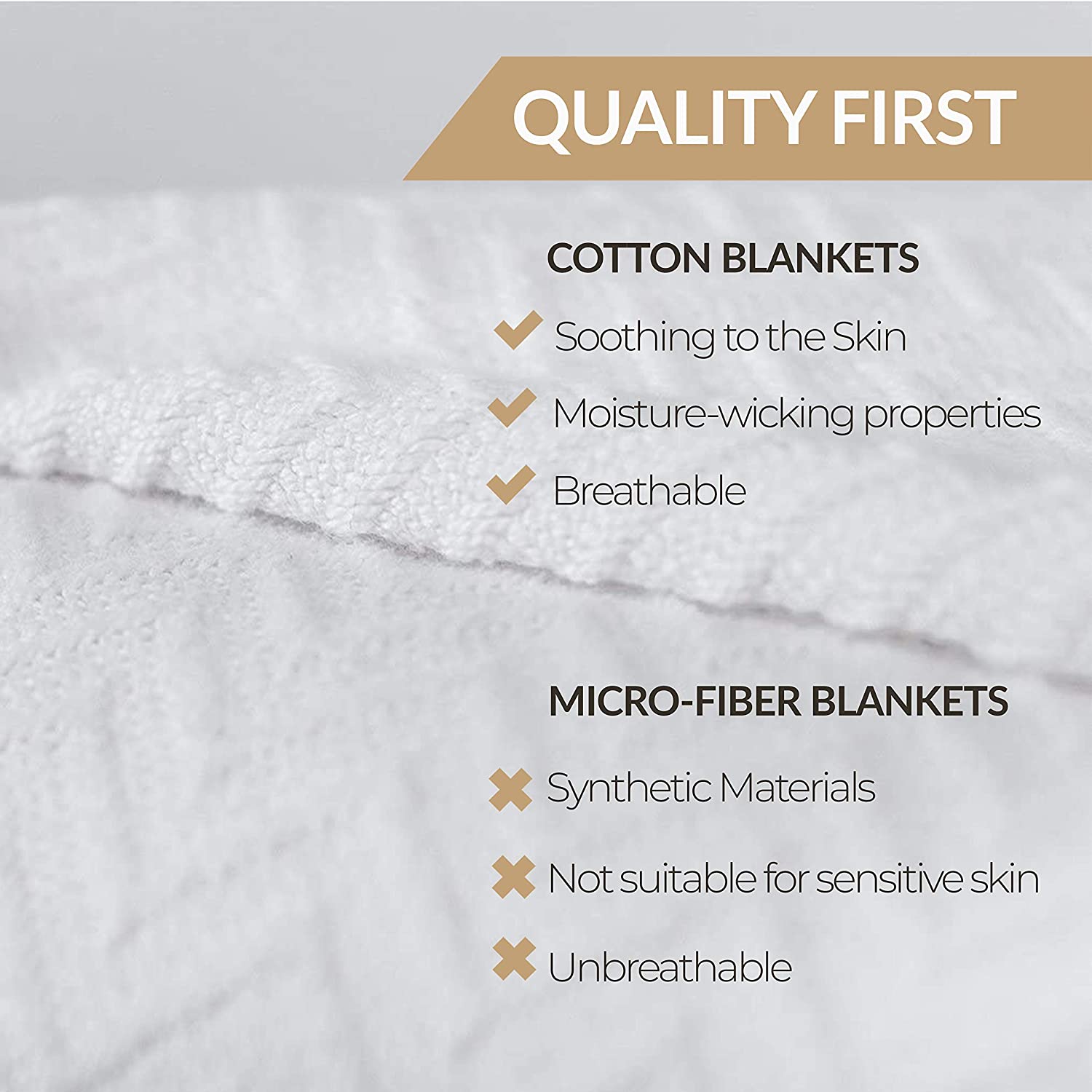 Eurotex 100% Cotton Blanket Queen 90 x 90 inches， Summer Lightweight Soft Breathable Blanket， White