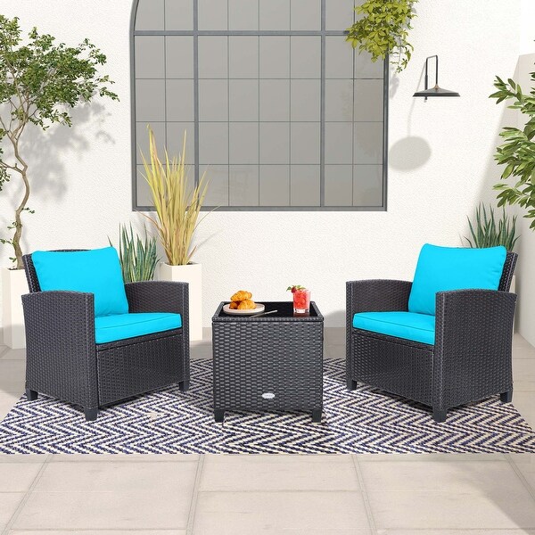 Costway 3PCS Patio Wicker Furniture Set with Beige and Navy Cushion