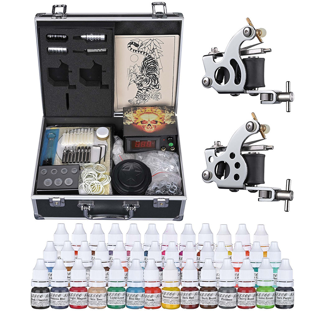 Yescom 2 Tattoo Guns Machine Kit w/ LCD Power Supply 40 Color Inks & Case