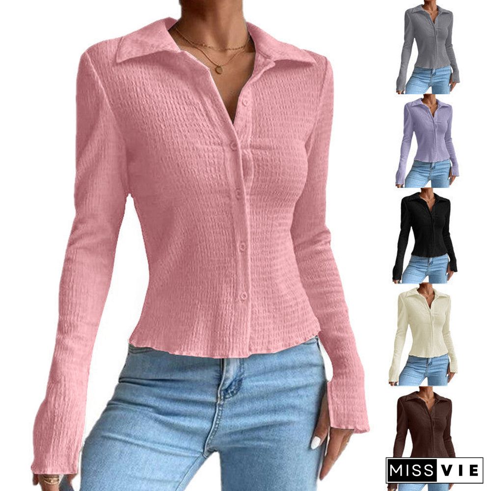 Women's Solid Color Stitching Sleeve Button Lapel Blouses