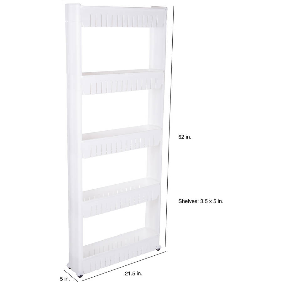 Slide-Out Pantry Storage Rack - 5-Tier White Plastic Pantry Organization and Storage Rolling Cart With Baskets for Narrow Spaces by Lavish Home