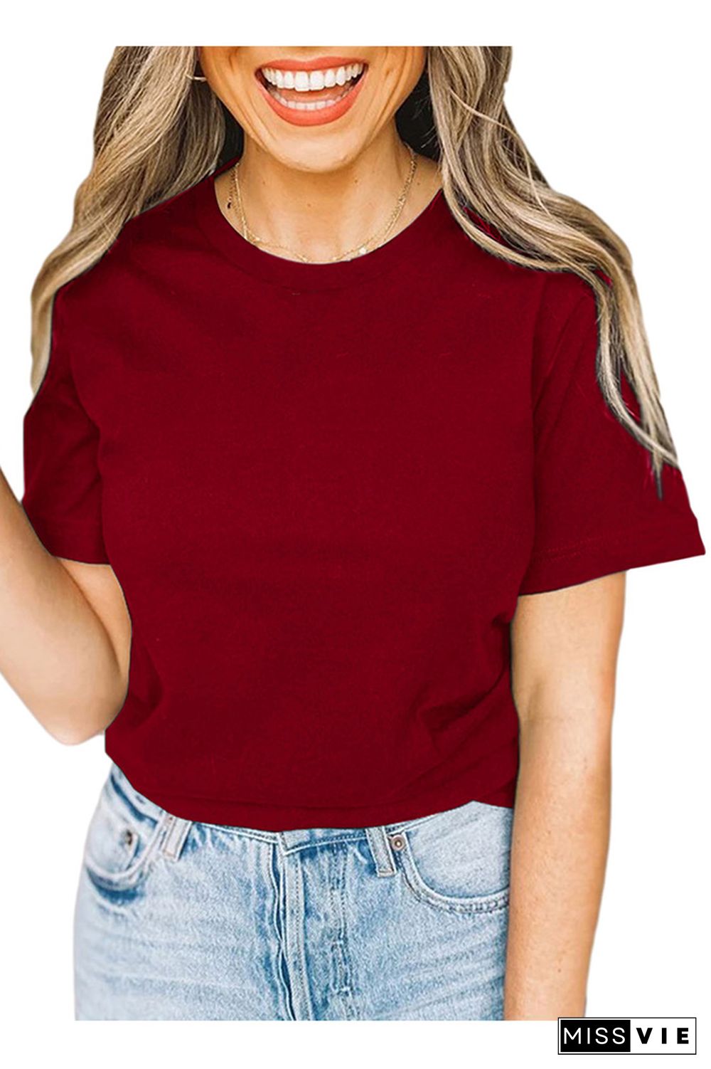 Wine Red Solid Color Crew Neck Short Sleeve Tee