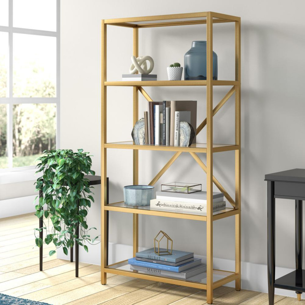 Etta 63  x27 x27Tall Rectangular Bookcase in Brushed Brass   Contemporary   Bookcases   by Homesquare  Houzz