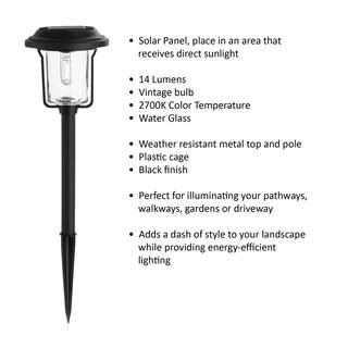 Hampton Bay Laurelview 14 Lumens Black Weather Resistant Solar LED Path Light with Water Glass Lens and Vintage Bulb 82301-006