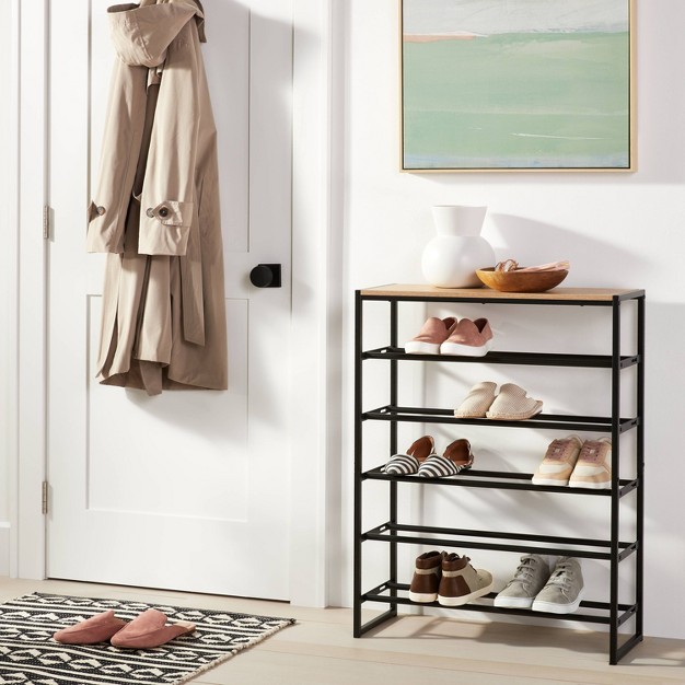 5 Tier Shoe Rack Black Metal With Natural Wood