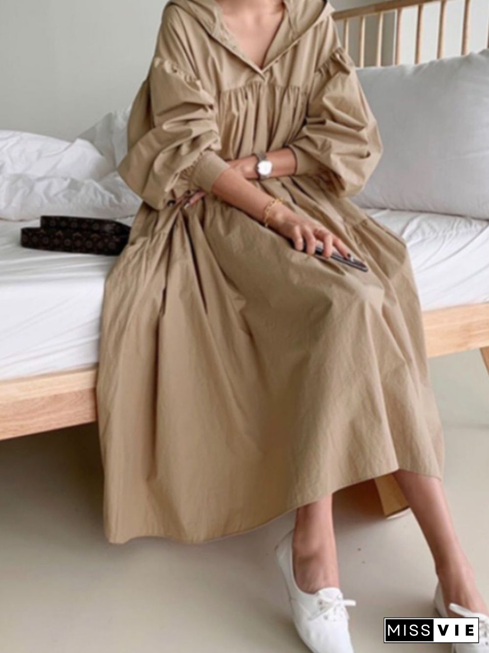 Urban Solid Color Pleated Long Sleeves Hooded Midi Dress