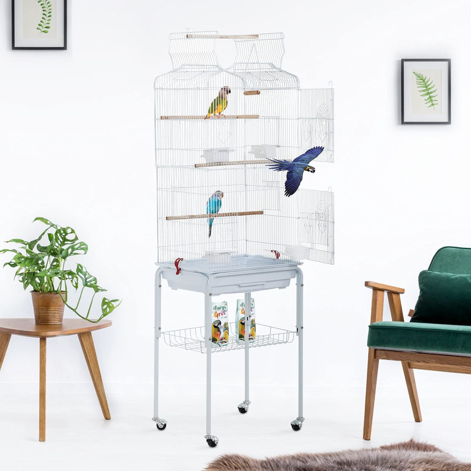 BestPet Bird Cage Parakeet Cage 64 inch Open Top Standing Parrot Cage Accessories with Rolling Stand，White