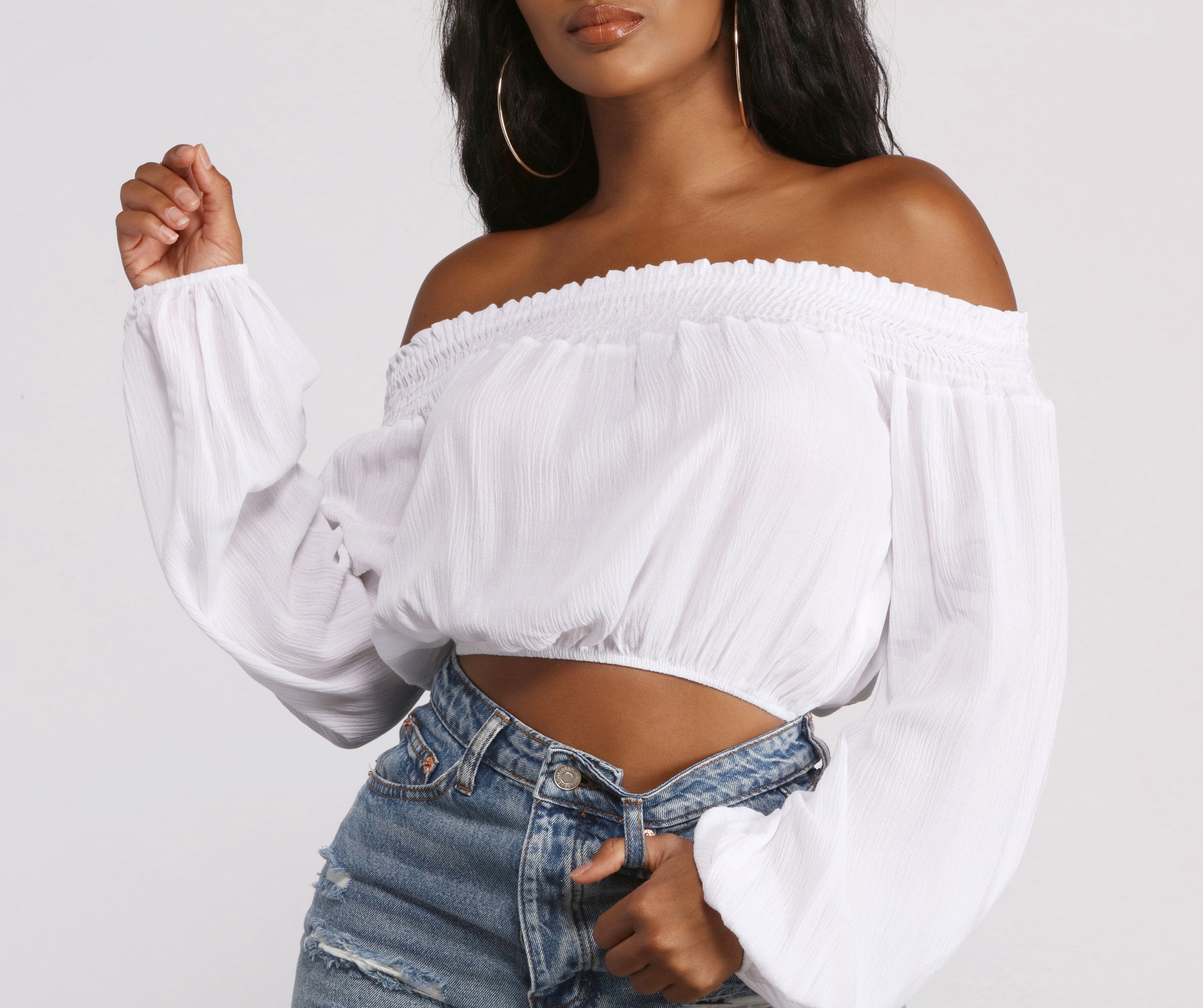 Off The Shoulder Long Sleeve Gauze Crop Top