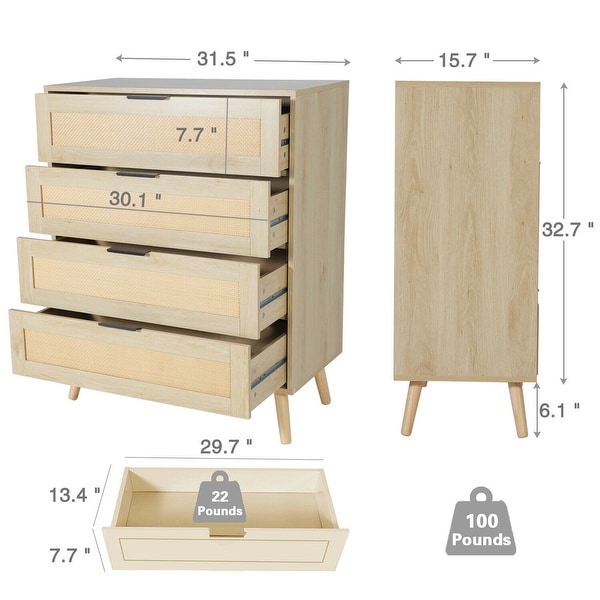 4 Drawers Chest Of Dresser Rattan Storage Tower Bedside Cabinet Bedroom Organizer - - 37258990