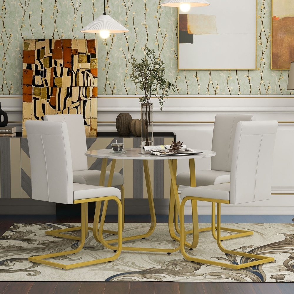 5 Piece Round Dining Table Set with Faux Marble Dining Table and Four Upholstered Dining Chairs with Metal Legs for Dining Room