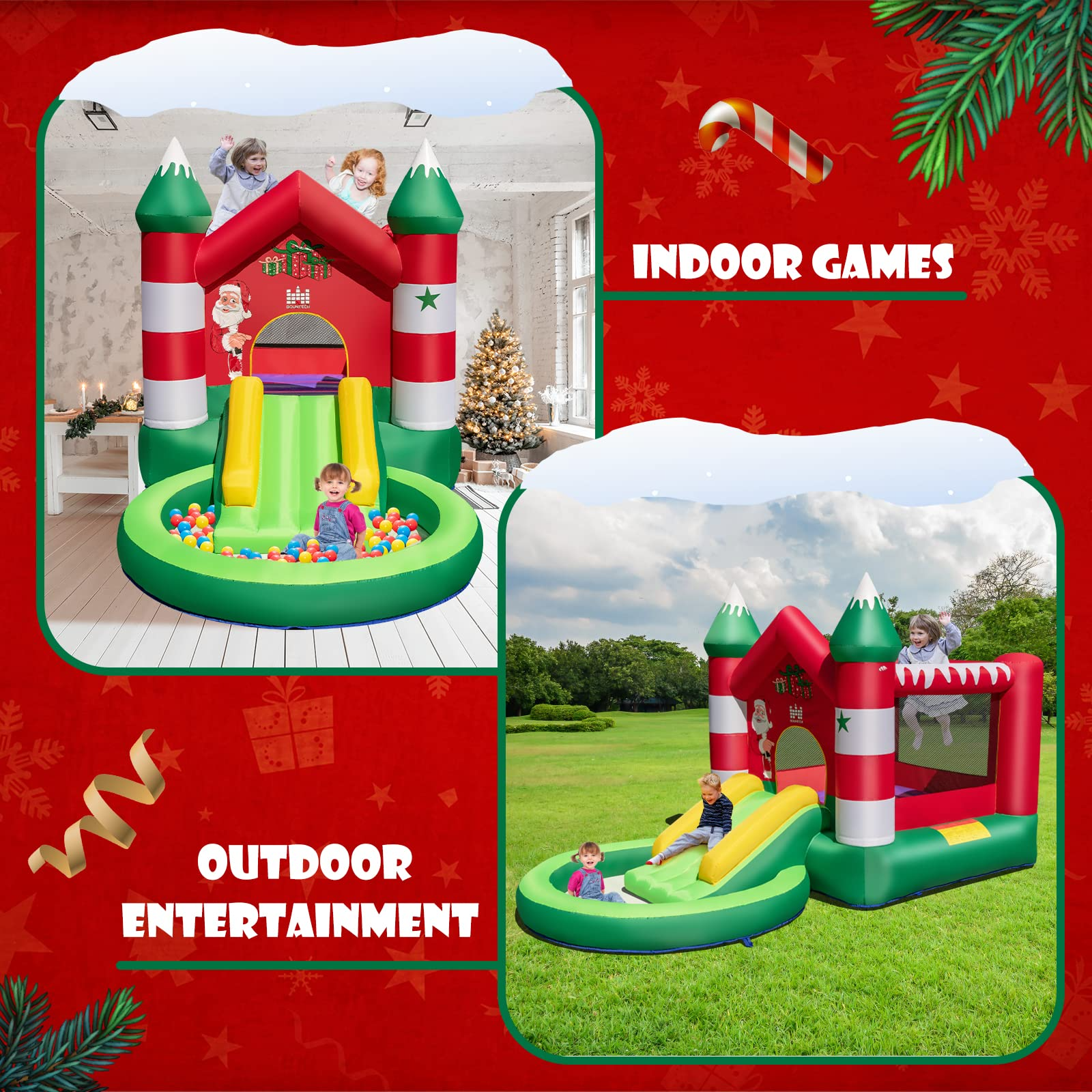 Costzon Inflatable Bounce House, Christmas Bouncy House for Kids Indoor Outdoor Party Family w/Jumping Area, Slide, Ball Pit Pool