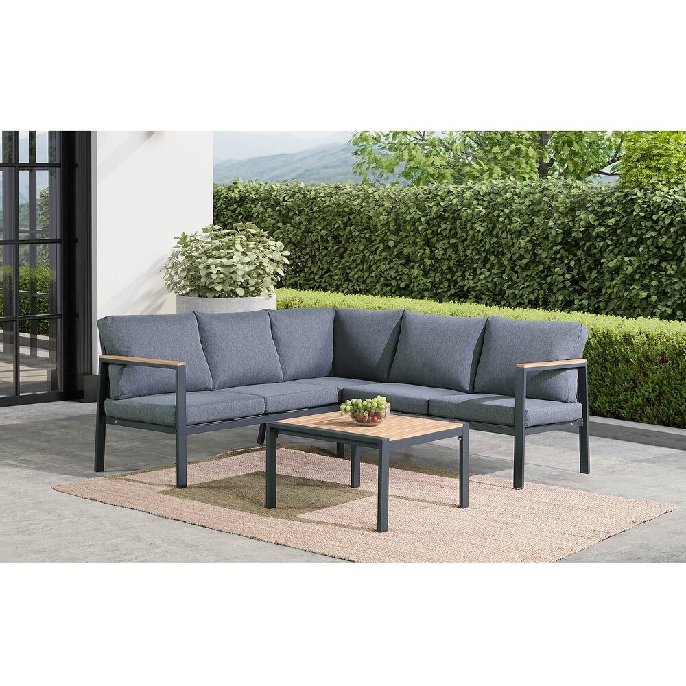 Rossio Outdoor 4 Piece Teak Finished Sectional Sofa  Matte Charcoal Aluminum Frame