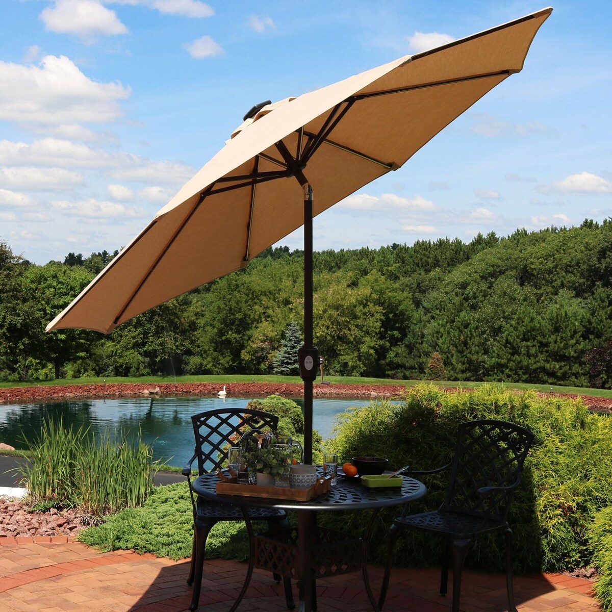 Ultimate Patio 9 Ft. Solar Lighted Octagonal Aluminum Patio Market Umbrella W/ Crank and Tilt