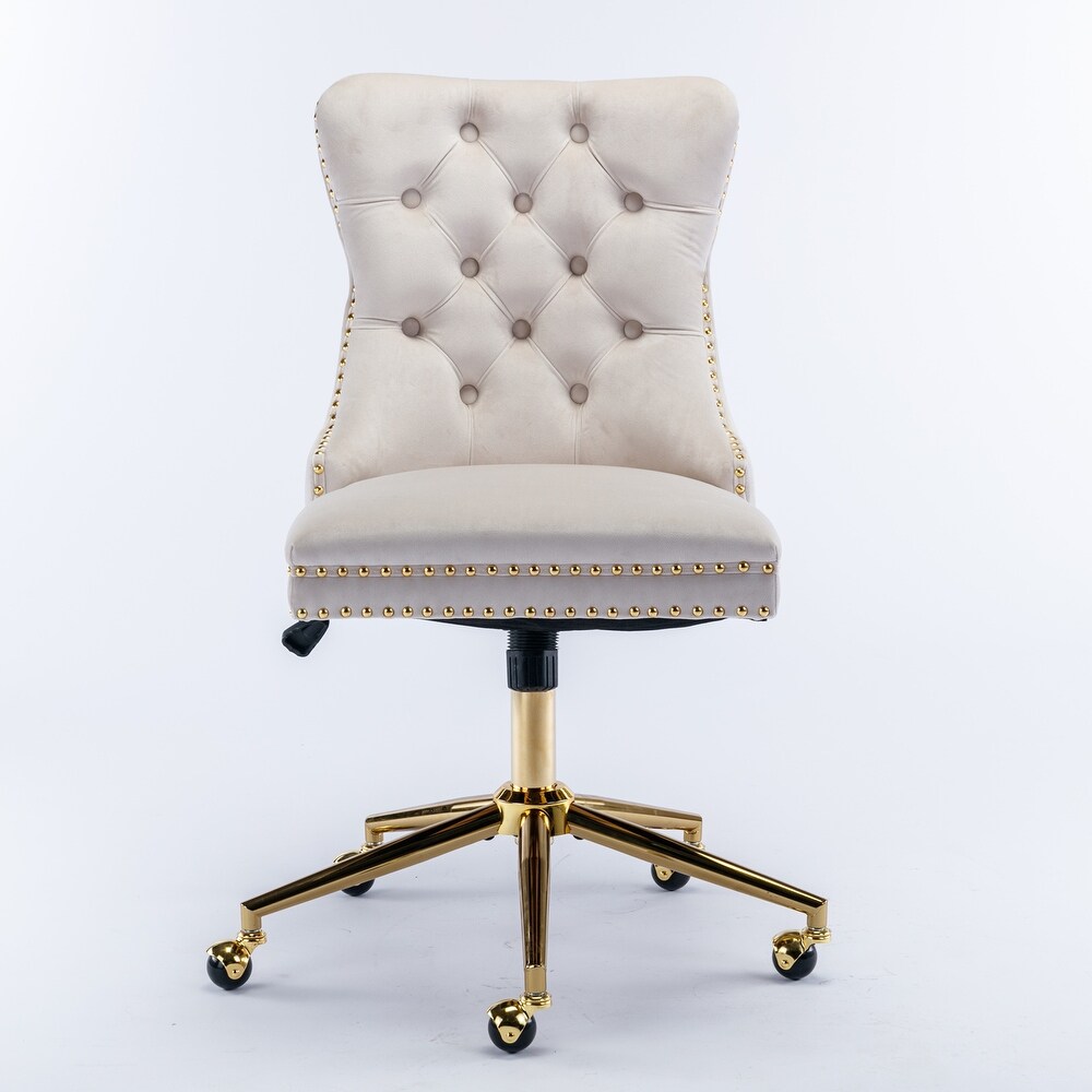 Swivel Computer Chair Beige Adjusatble Seat Tufted Button Home Office