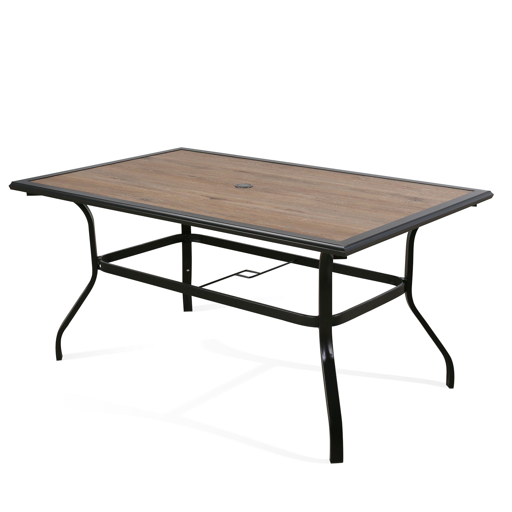 Ulax Furniture Patio Outdoor 61.5" Rectangular Dining Table, Metal Frame & Wood-Like Tabletop with 1.57” Umbrella Hole for 6 Person