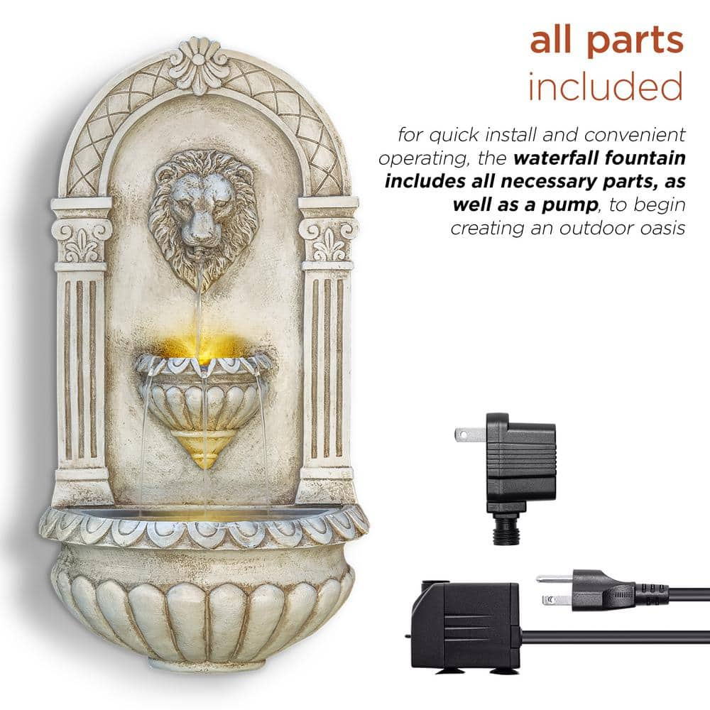 Alpine Corporation 32 in. Tall Outdoor Classical Wall-Mounted Water Fountain with Lion Head and LED Lights TZL160