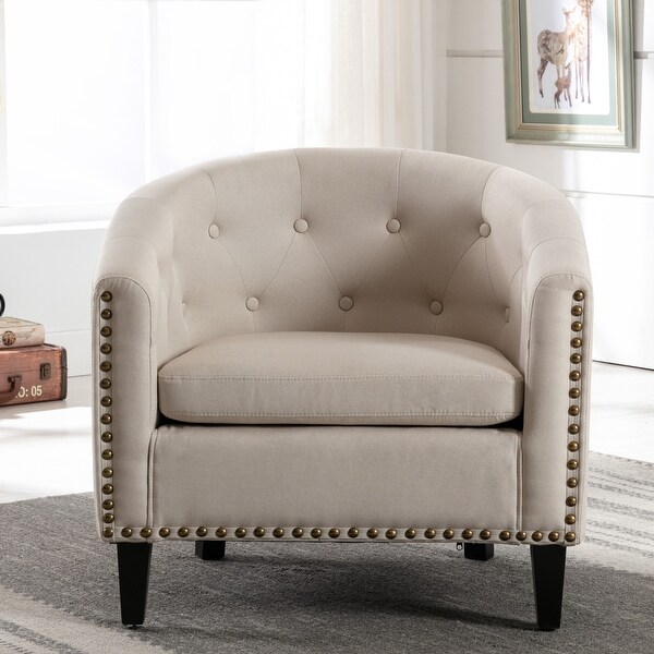 Comfortable Modern Design Linen Fabric Leisure Barrel Chair with Wood Legs and Nailheads