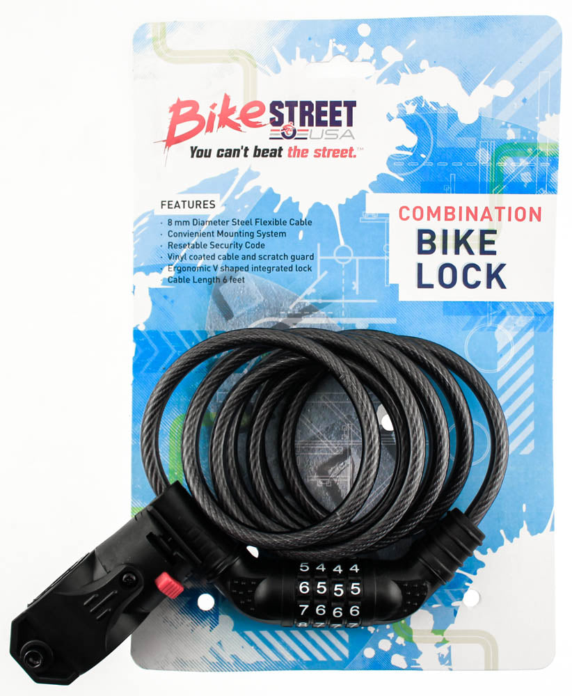 BIKE STREET Combination Bike Lock Cable 8mm x 6' Combo Flexible W/ Mounting NEW