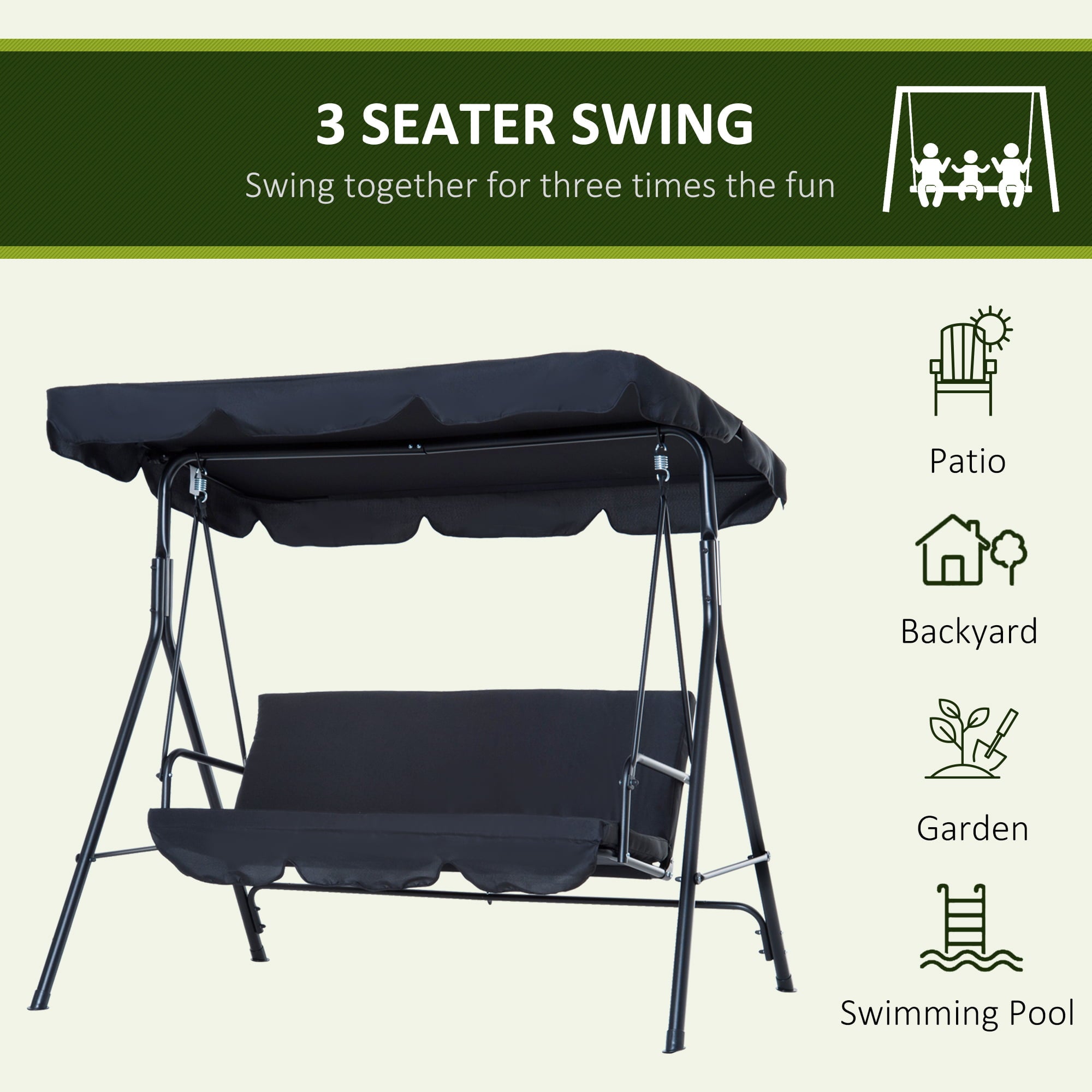 Outsunny 3-Seat Outdoor Patio Swing Chair with Removable Cushion, Steel Frame Stand and Adjustable Tilt Canopy for Patio, Garden, Poolside, Balcony, Backyard, Black