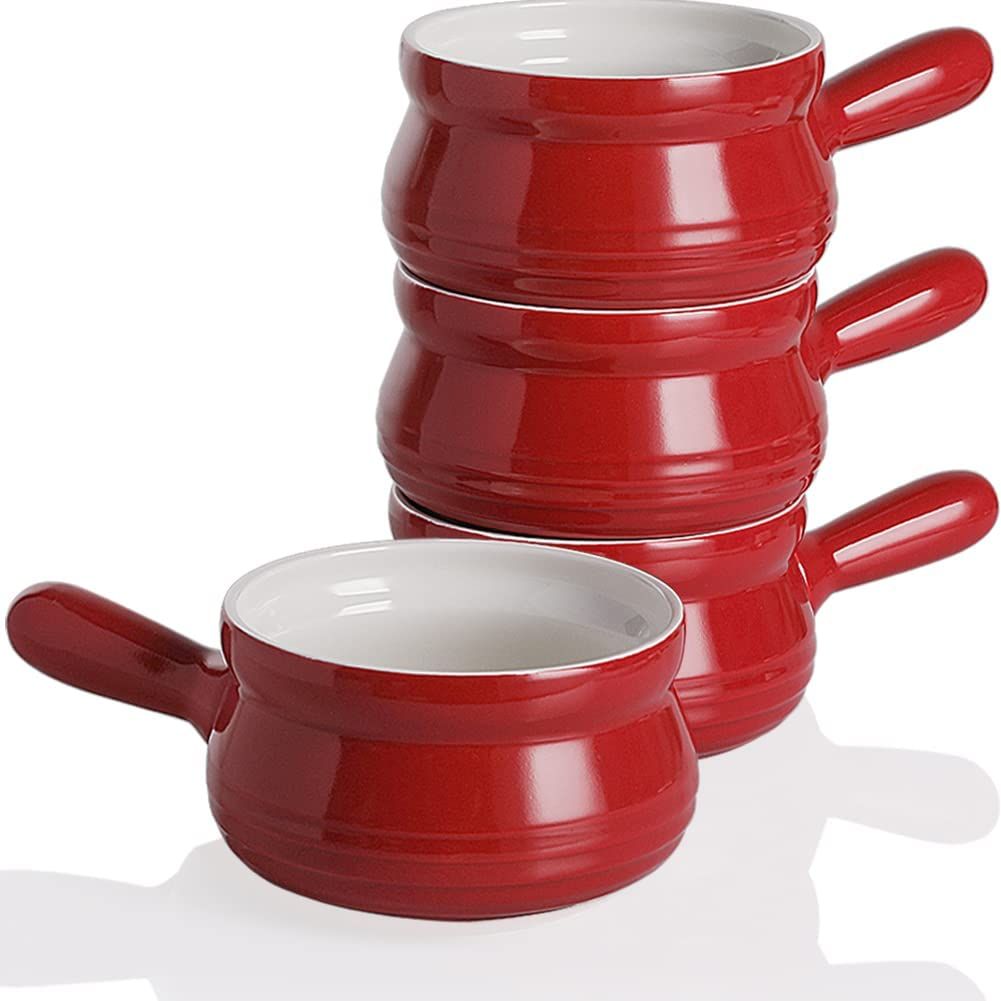 SWEEJAR Ceramic Soup Bowls，with One Handle，22 Ounce，Set of 4，Red