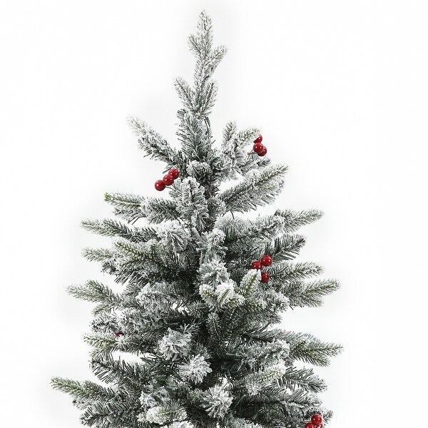 PreLit LED 5ft Snow Flocked Artificial Christmas Tree with Red Berries and Metal Pot