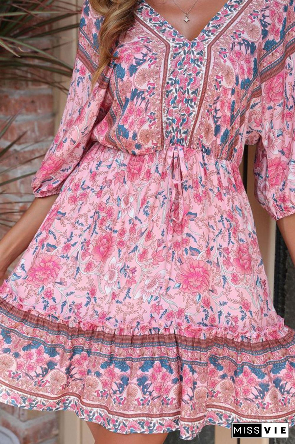 Boho Floral Print V Neck Loose Dress Wholesale