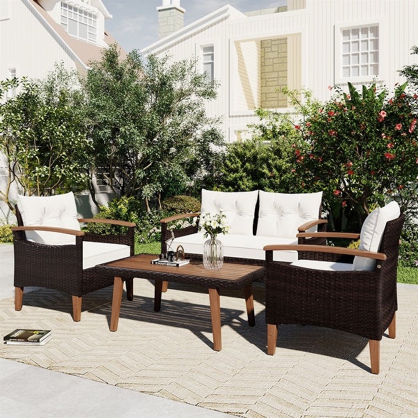 4-Piece PE Rattan Patio Sofa Set， Wood Table and Legs - Overstock - 37510667