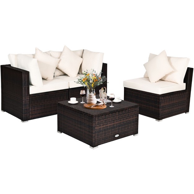 Tangkula 4pcs Patio Rattan Wicker Sectional Sofa Set Conversation Furniture Set W Cushion