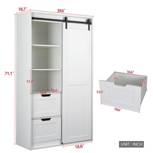 Wardrobe Closet and Cabinet with Hanging Rod， Clothes Locker，Classic Sliding Barn Door Armoire with Drawers for Bedroom - - 37348727