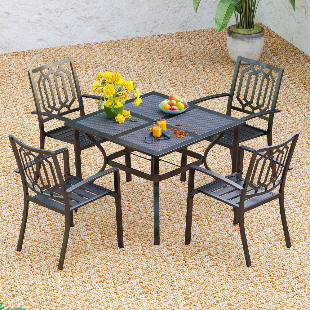 5 Piece Patio Metal Dining Set with 4 Armrest Chairs and Steel Frame Slat Larger Square 37\