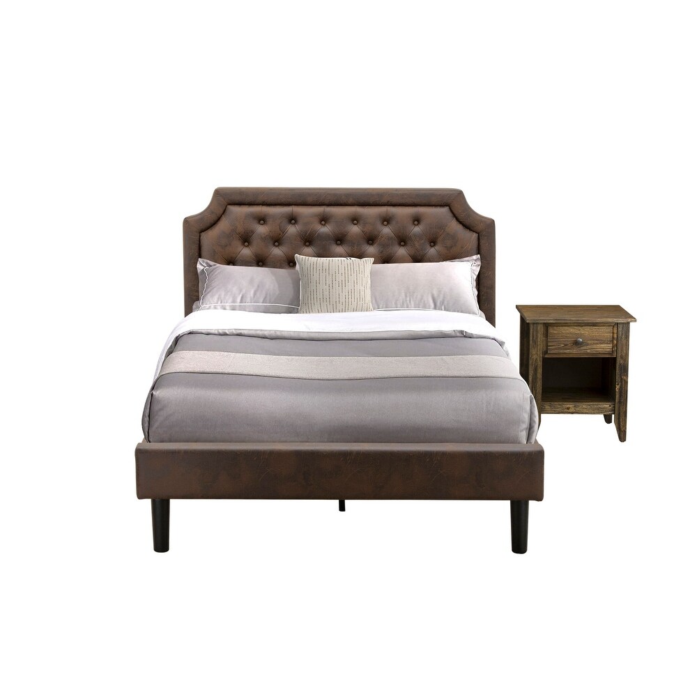 2 Pc King Bedroom set with padded Bed and Distressed Jacobean Nightstand   Dark Brown Pu leather and Black Legs(Size Options)