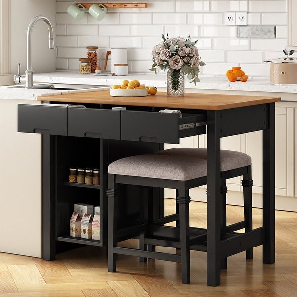 Farmhouse Kitchen Island set， including 2 stools and dining table with lockers， drawers and fallen leaves