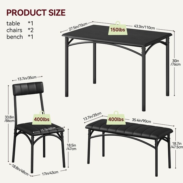 Dining Table Set for 4 with Upholstered Chairs and Bench