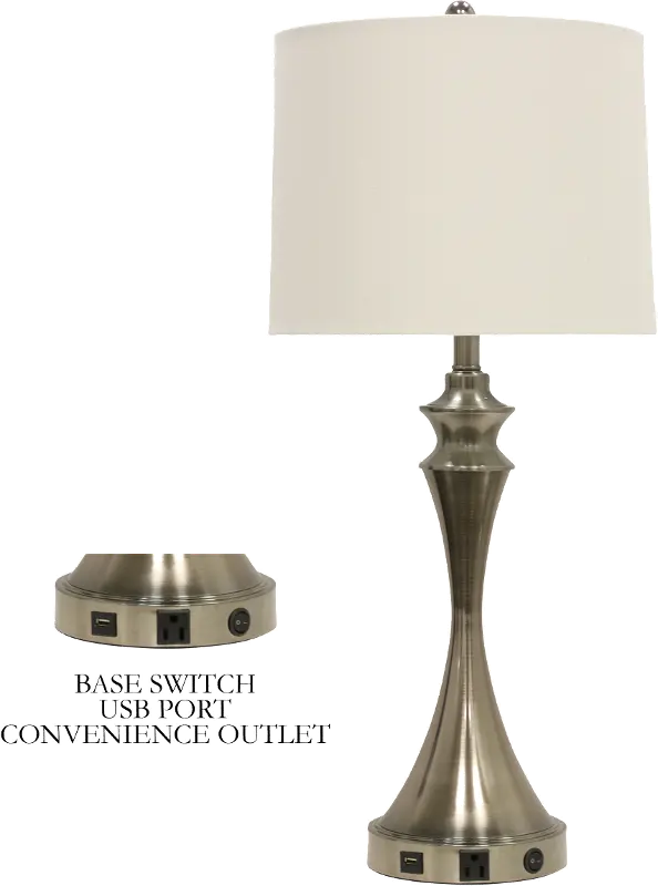 31 Inch Brushed Steel Table Lamp with USB Port and Outlet