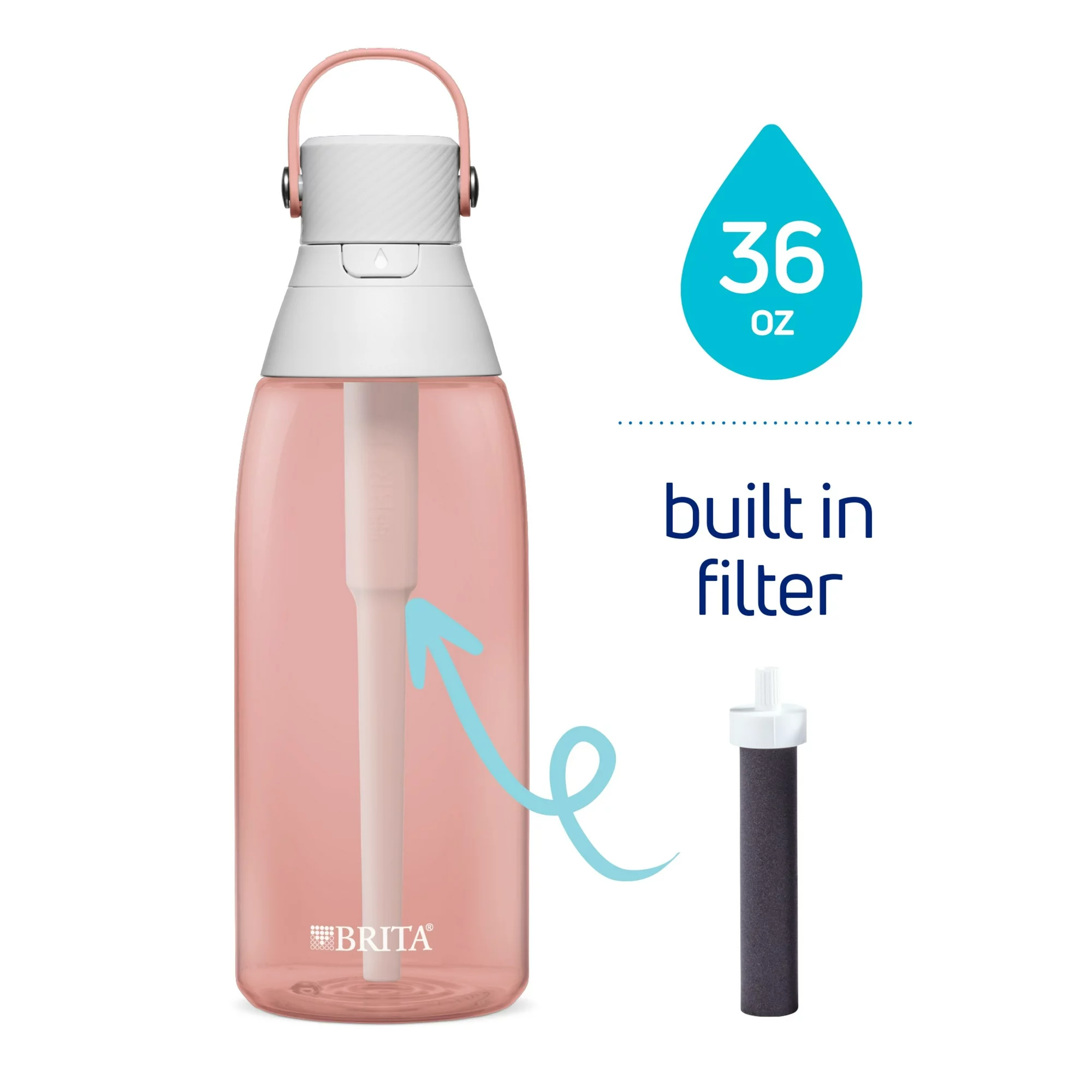 Brita 36oz Premium Water Bottle with Filter， BPA Free， Blush Pink