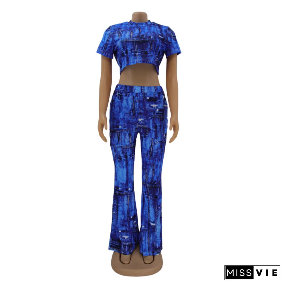 Short Sleeve Crop Top+Bell-bottoms 2 Piece Pants Set