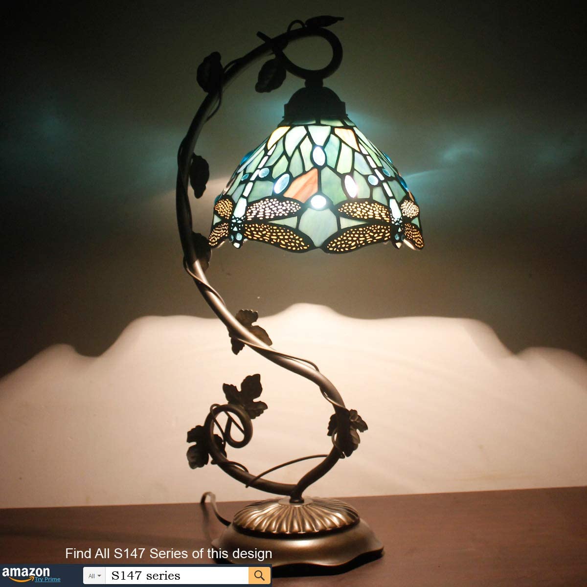 SHADY Tiffany Lamp Sea Blue Stained Glass Dragonfly Style Desk Reading Light  Metal Leaf Table Lamp Base 8X10X21 Inches Decor Small Space Bedside Bedroom Home Office S147 Series