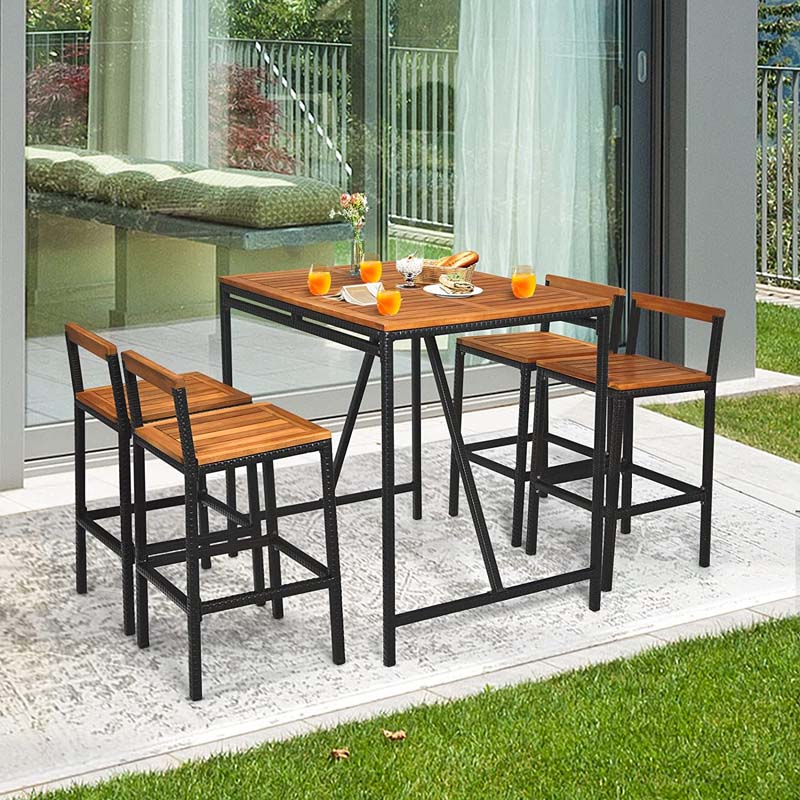 5 Pcs Acacia Wood Rattan Wicker Outdoor Patio Bar Set Dining Table Set with 1.9