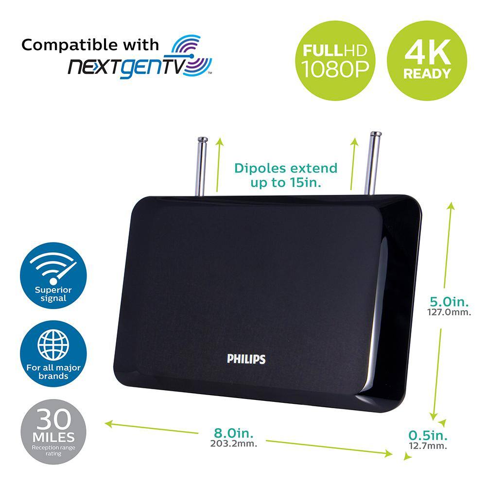 Philips Indoor Flat Panel HDTV Antenna 30-Mile Range Tabletop Design with Extendable Dipoles VHF UHF 1080P 4K Ready SDV1227B27