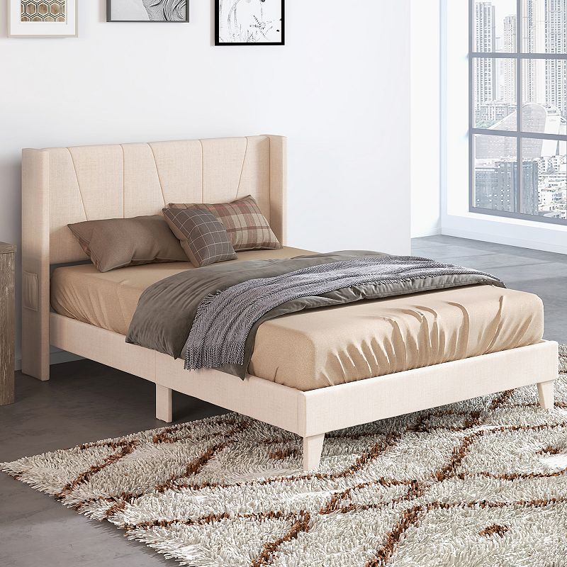 Upholstered Bed Frame with Geometric Wingback Headboard