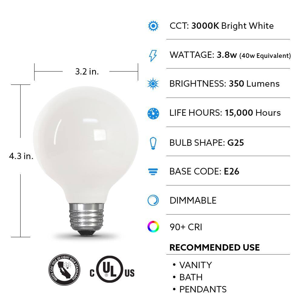 Feit Electric 40-Watt Equivalent G25 E26 Dimmable Filament CEC 90 CRI White Glass LED Light Bulb in Bright White 3000K (3-Pack) G2540W930CAFIL3